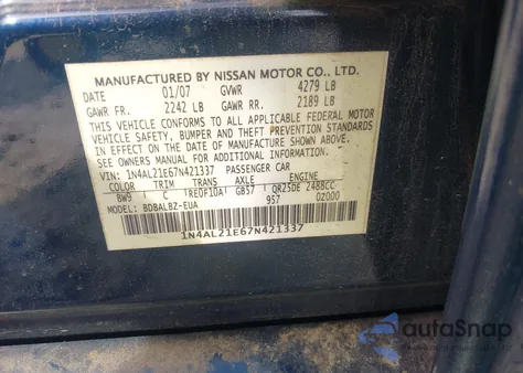 2007 Nissan Altima 2.5 S from USA, damaged, VIN 1N4AL21E67N421337